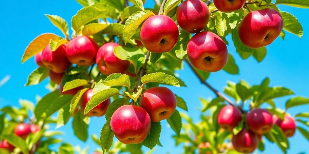 Vibrant Jazz apple tree with red apples and green leaves.