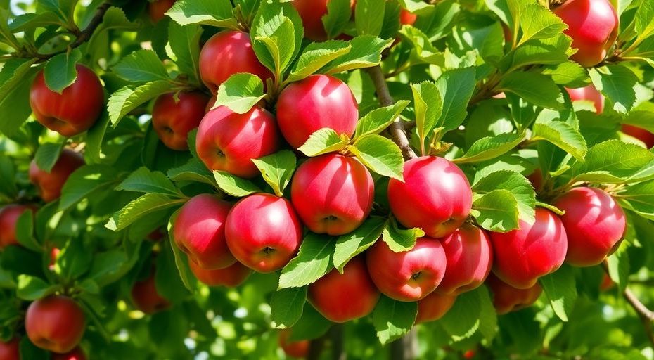 Braeburn apple tree with ripe apples and green leaves.