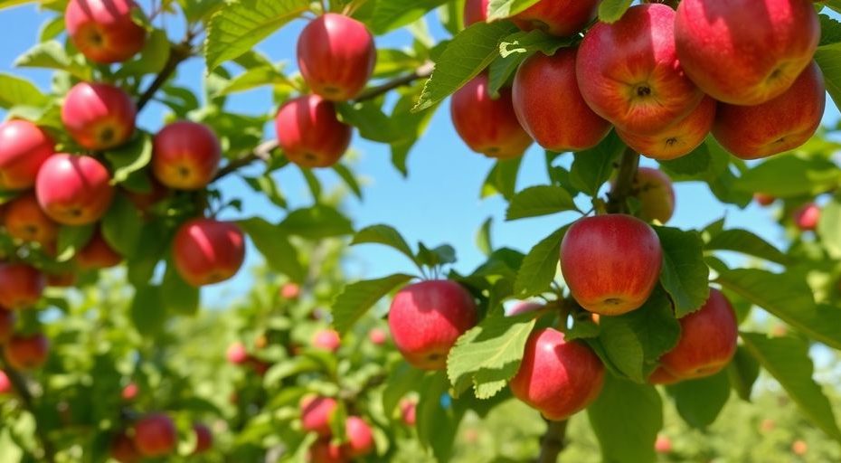 Rome Beauty apple tree with ripe red apples in sunlight.
